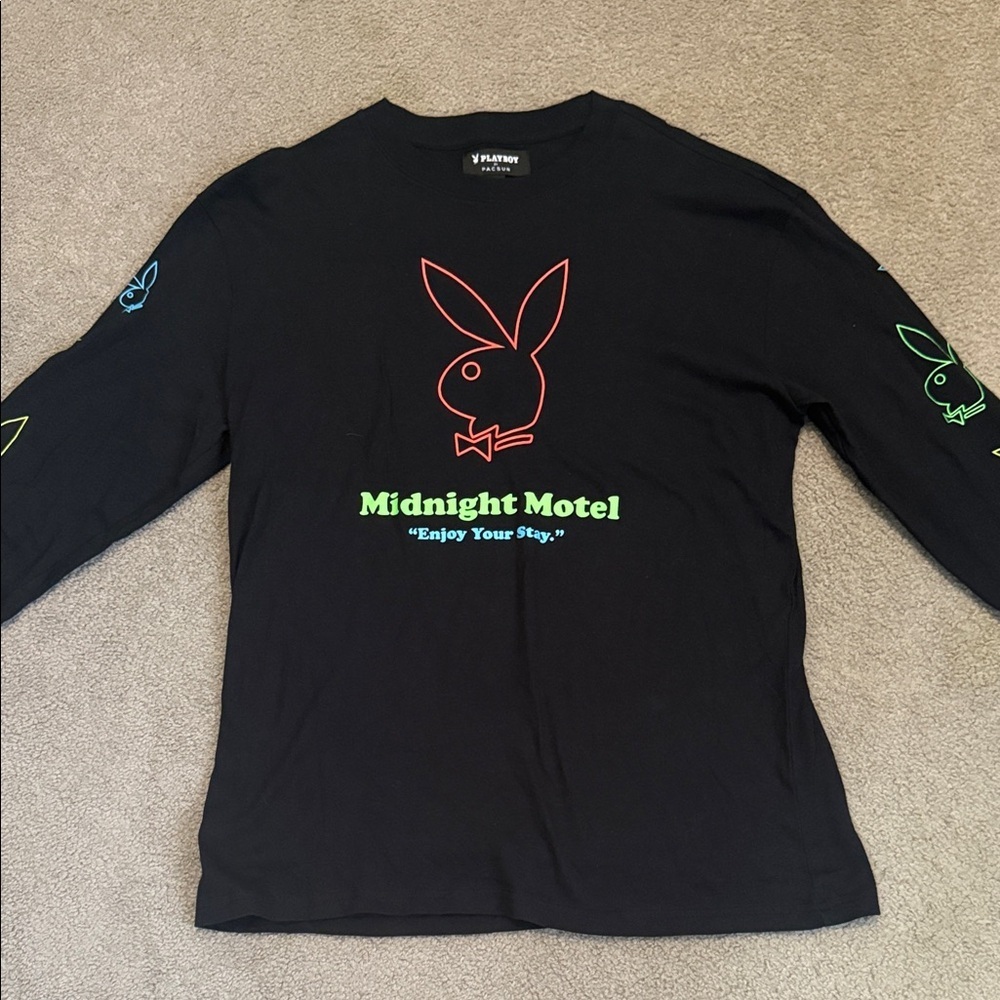 PLAYBOY for Pacsun Black Long Sleeve Shirt with Neon Rabbit Graphics